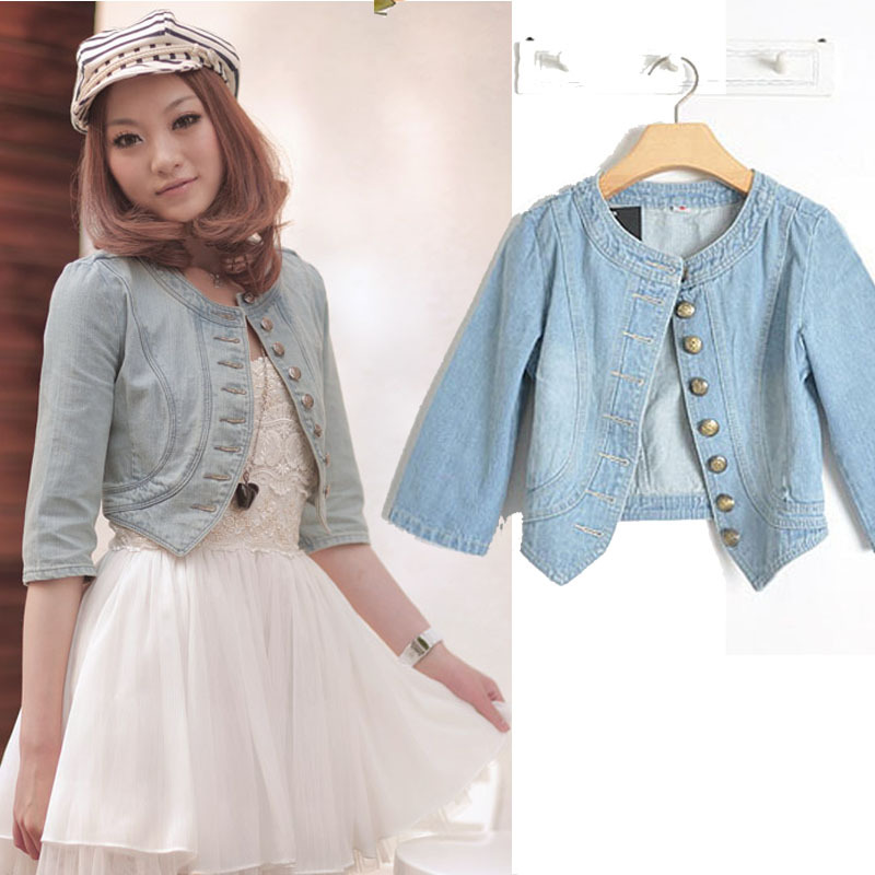 015009 2013 female short jacket slim short design single breasted all-match denim coat half sleeve outerwear