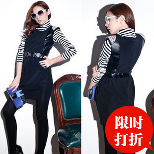 0335 autumn beads pocket mosaic leather belt back zipper vest one-piece dress