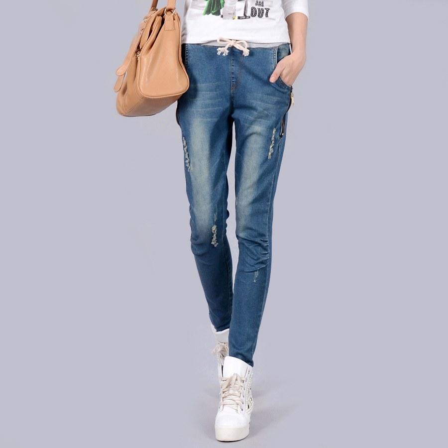 05 - 958 wearing white pants water wash jeans trousers retro finishing elastic waist lacing pencil pants female trousers