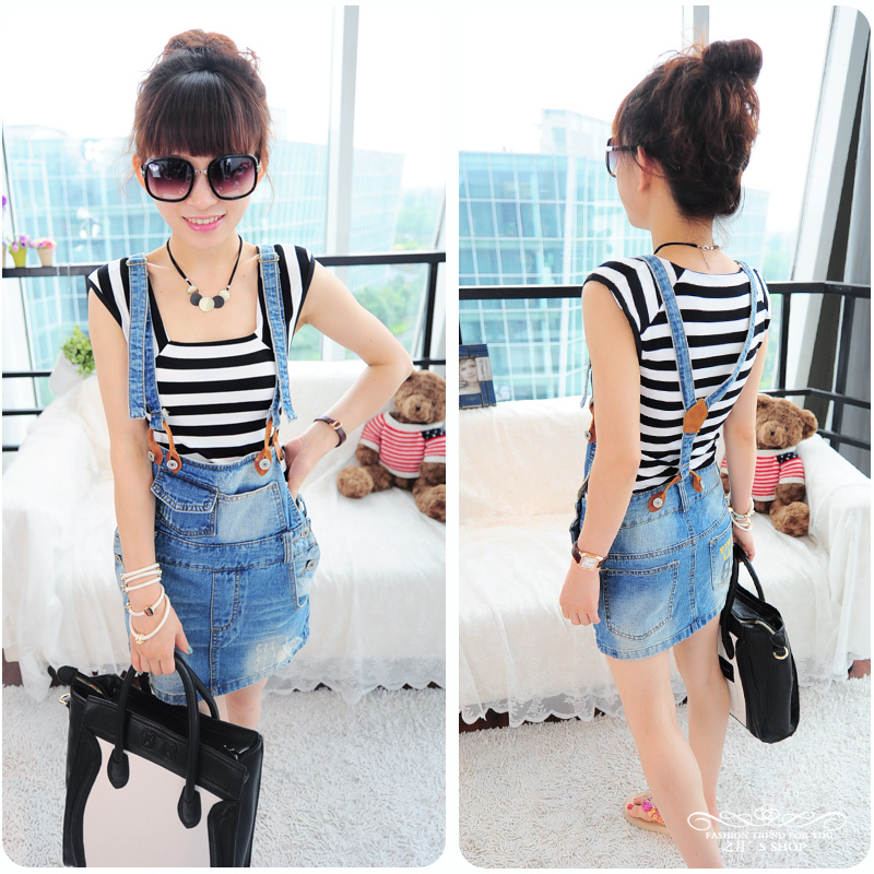 06.06 2012 summer casual leather suspenders hole denim skirt short skirt female hmi2456