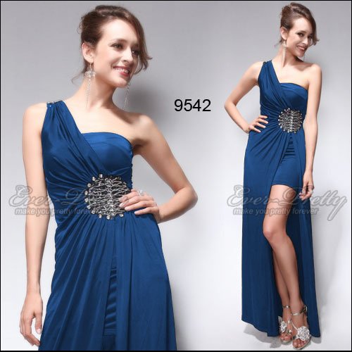 09542BL  Free Shipping Exquisite One Shoulder Blue Rhinestones Dress