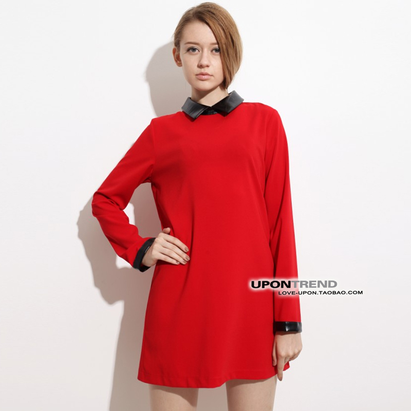 0c0272 leather patchwork solid color long-sleeve T-shirt one-piece dress