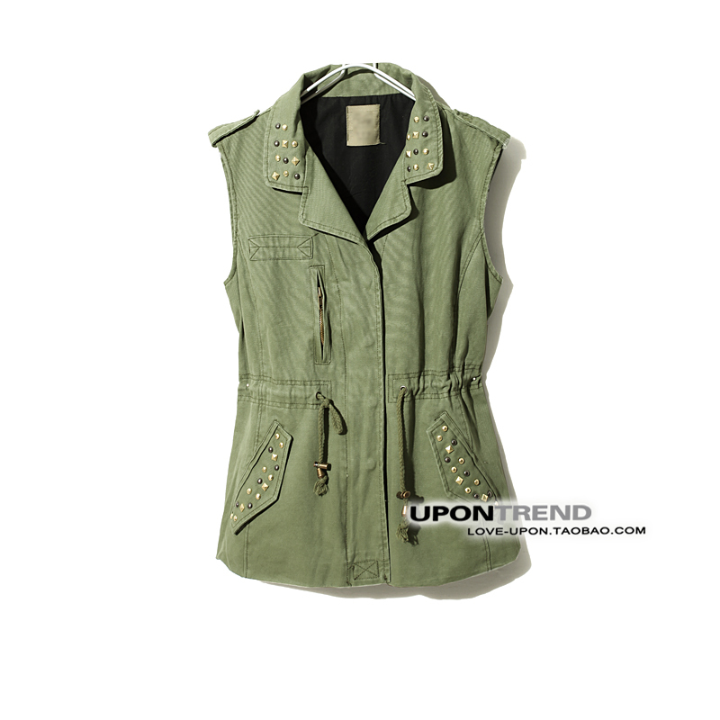 0h0083 2012 autumn handmade rivet inlaying olive turn-down collar military wind vest