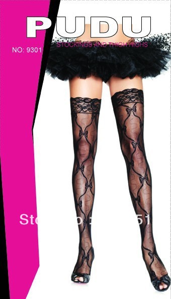 1 dozen(6 pairs of a dozen)Free shopping  Women Sexy  Small bowknot, diamond mesh stockings Black   9301