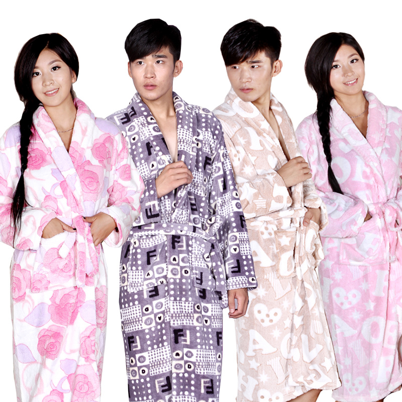 1 pc Thickening lengthen coral fleece robe lovers bathrobe male women's autumn and winter sleepwear lounge chromophous