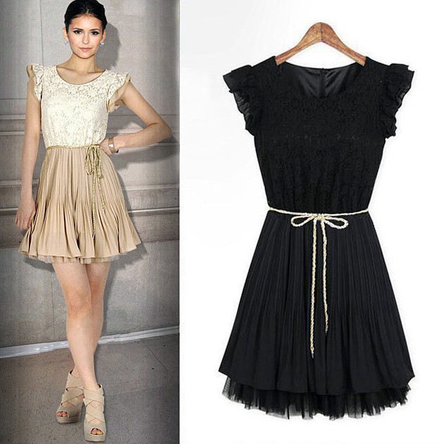 1 Piece Free Shipping 2013 New Arrivals Lady's Lace O-Neck Chiffon Pleated Dress,Beige/Black Color,S/M/L/XL/XXL Size,FWO101013