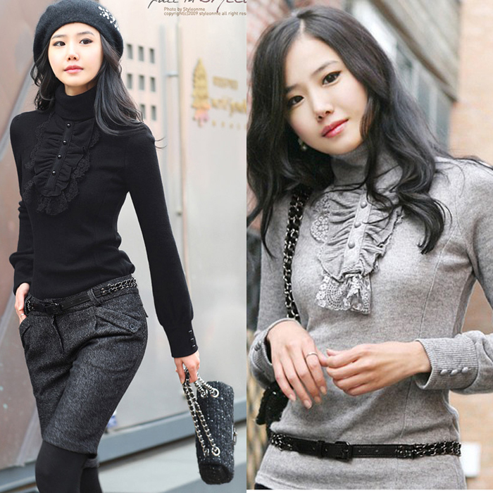 1 Piece Free Shipping Women Full Turtleneck Lace Pullovers Sweaters,Korean Elegant Knitted Wool Sweaters,5 Color,7 Size,FWO10098