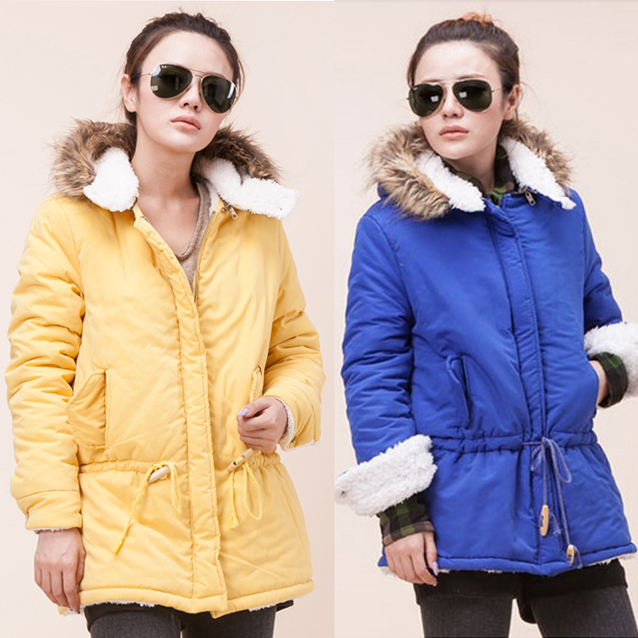 1 Piece Free Shipping Women Raccoon Fur Solid Zipper Thickening Wadded Jacket,Blue/Yollow Two Size Fashion Casual Coat FWO10093