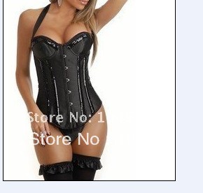 1 set Sexy corset, Sexy Satin boned CORSET Bustier s-xl 2012 Fashion New Black/Purple/Red Sequin Neck Line Corset free shipping