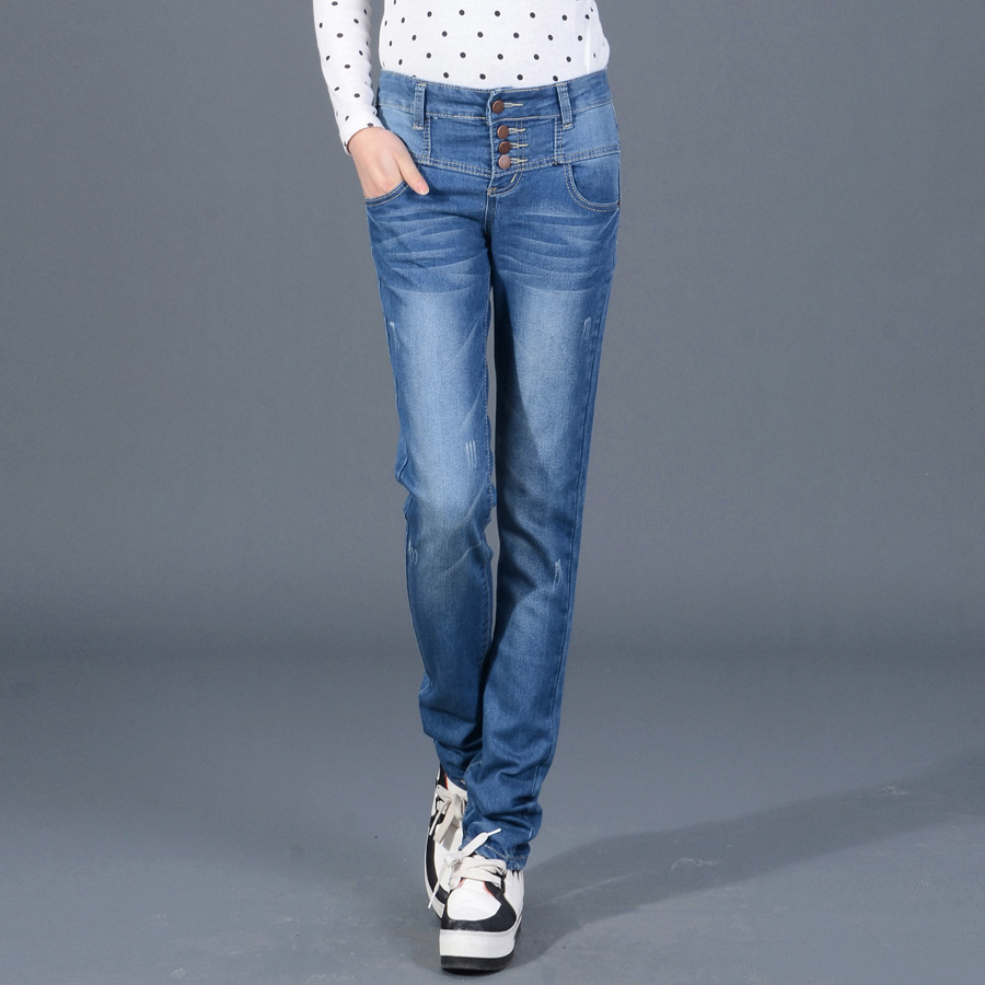 10 - 939 spring buttons water wash wearing white jeans skinny pants pencil pants long trousers mid waist plus size clothing