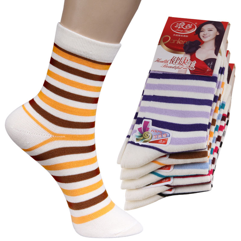 10 double LANGSHA socks women's comfortable combed cotton fashion stripe jacquard female socks autumn and winter socks