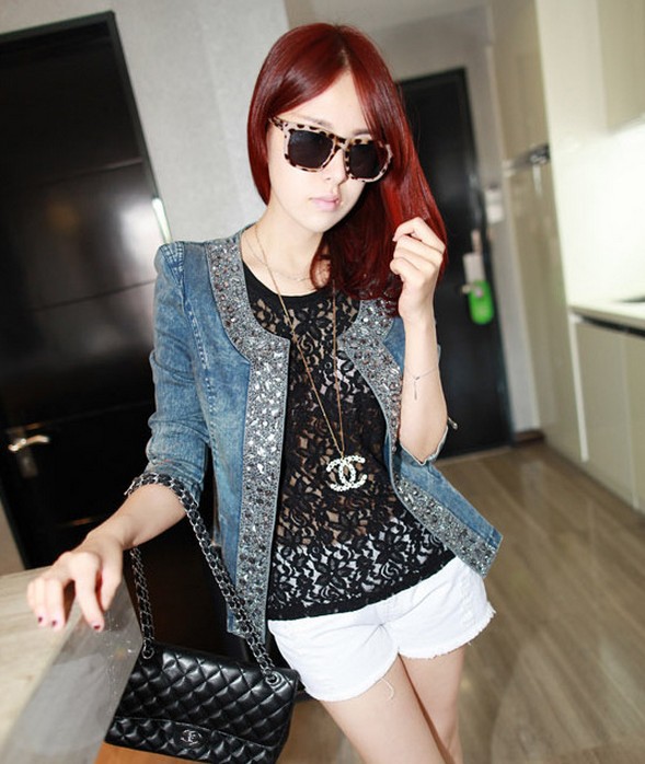 10%OFF Low price promotions.Spring new short, women's denim clothing diamond sequins jacket Women Slim Korean jacket