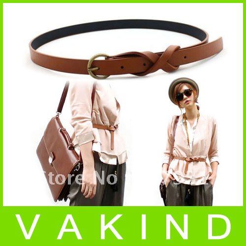 $ 10 OFF per $100 order+ Faux Leather Loop Tuck Thin Skinny Waist Belt Brown