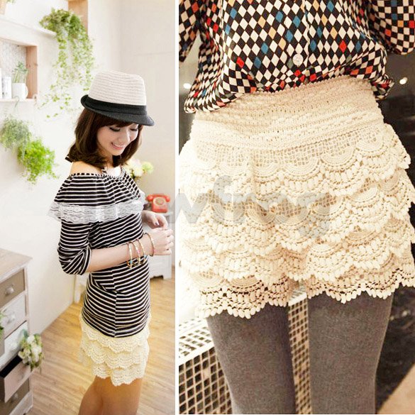 $10 off per $100 order+ New Women Safety Pants Short Skirt 4 Layer Hollow Knitted Lace Beiges Fashion