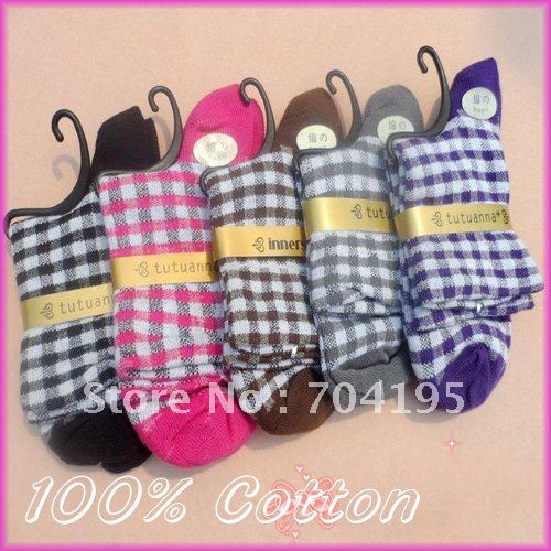 10 pairs/lot tutuanna small square grid 100% cotton female socks  knee-high socks