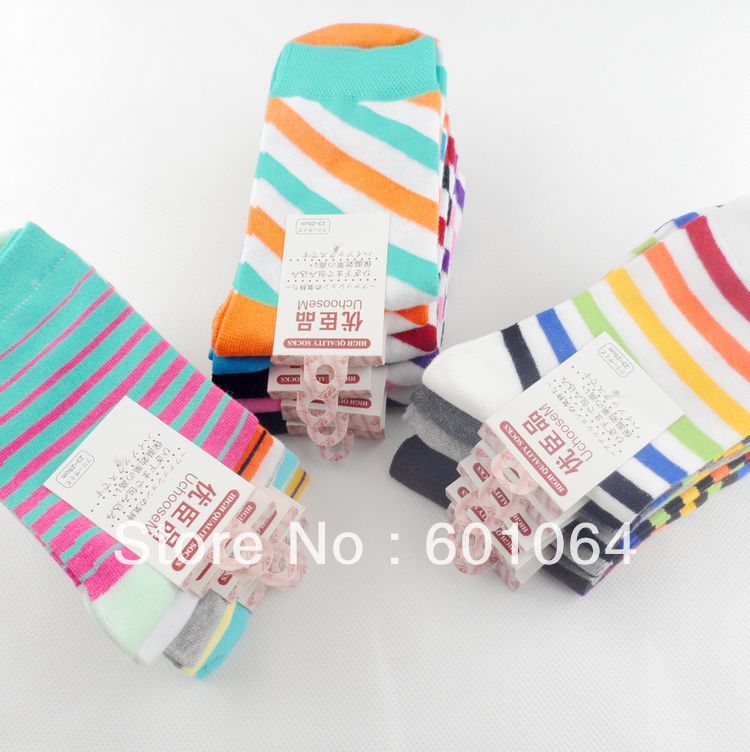 10 pairs socks women cotton color block stripe colorful color block decoration knee-high socks