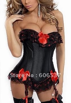 100% Brand new Sexy Bustier Black and Red Corset+G-String+Garter Lingerie Size:S M L XL 2XL