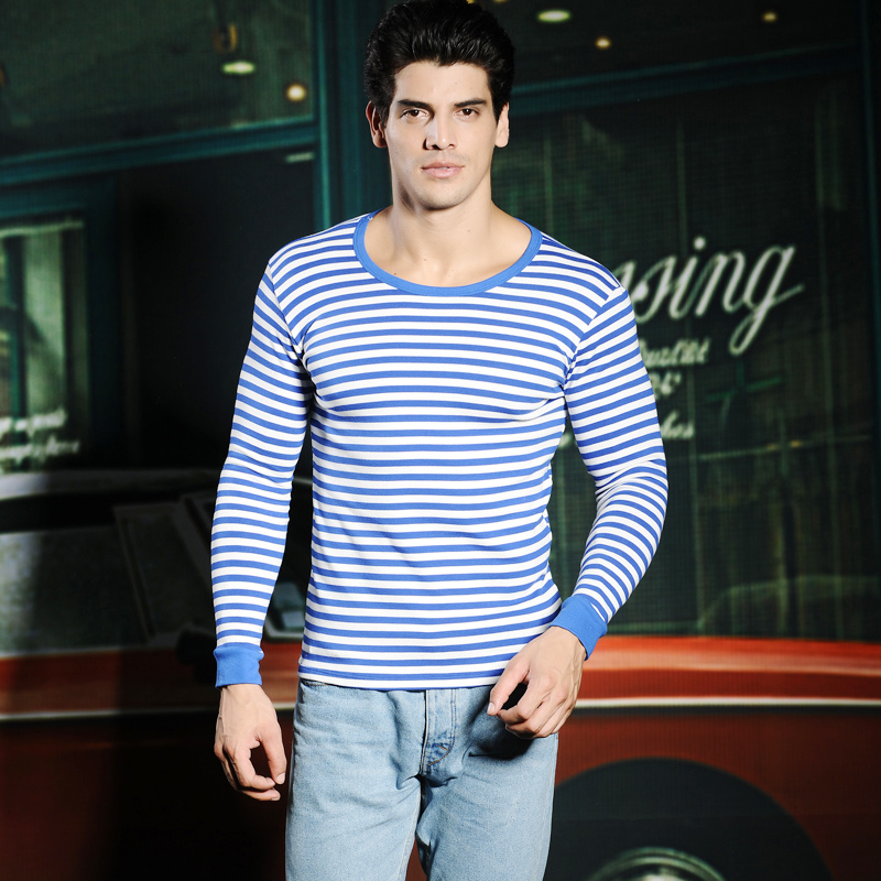 100% cotton casual thermal top long-sleeve T-shirt reminisced edition blue stripe navy style shirt male sweater