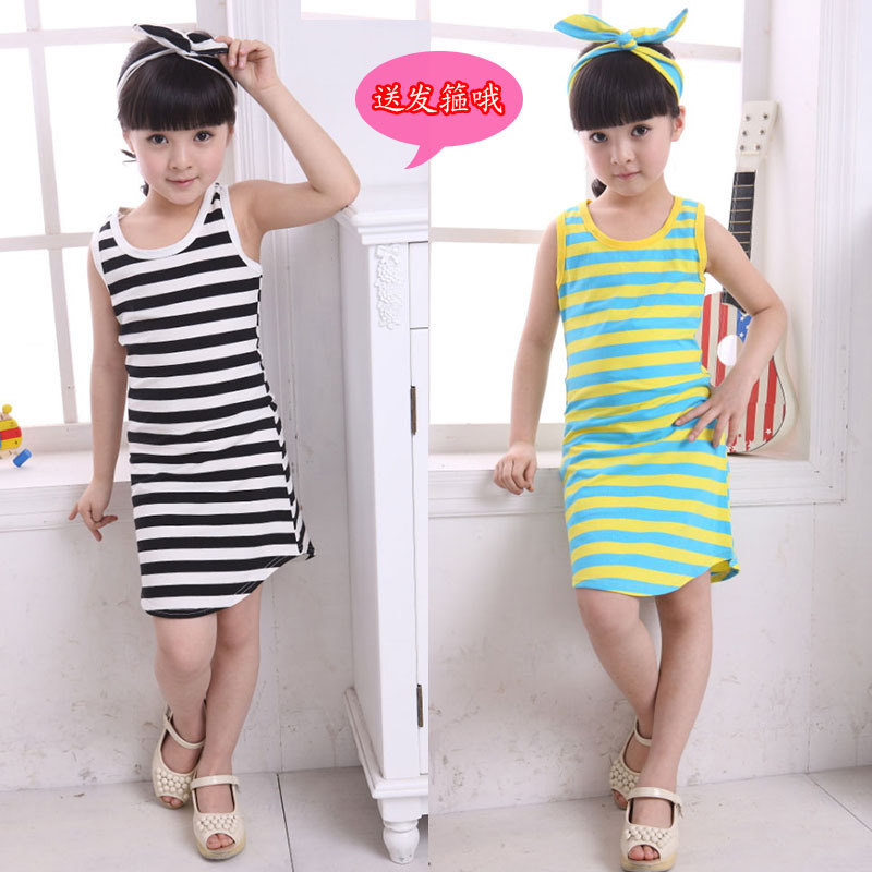 100% cotton female child summer t-shirt child vest multicolour stripe dress