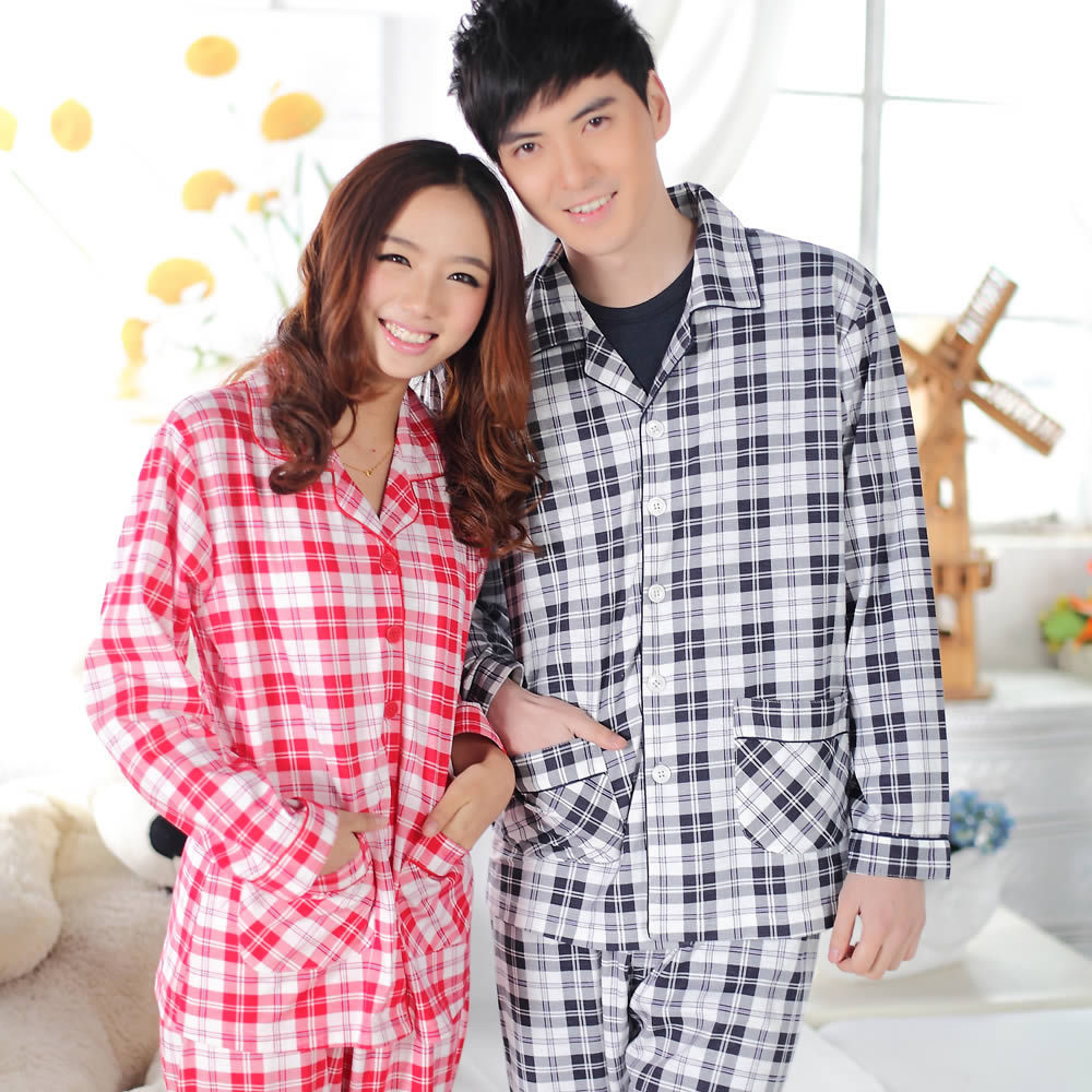 100% cotton lovers design sleepwear 100% cotton long-sleeve plaid set spring and autumn lovers lounge