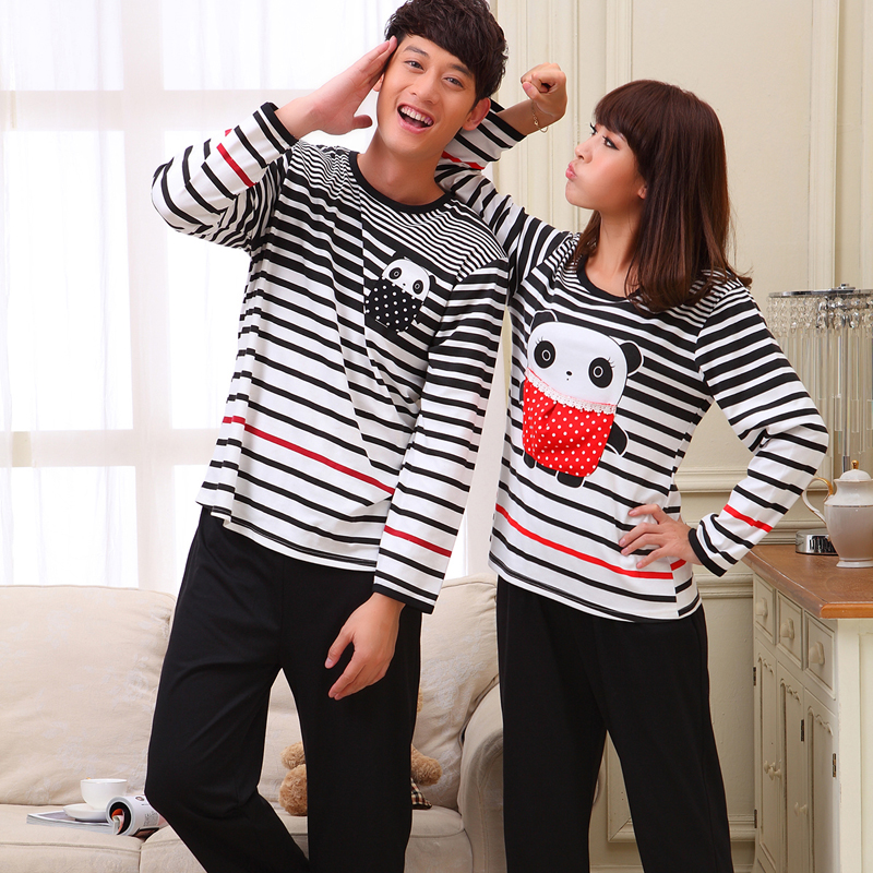 100% cotton lovers sleepwear spring and autumn male women's long-sleeve set cartoon panda stripe lounge