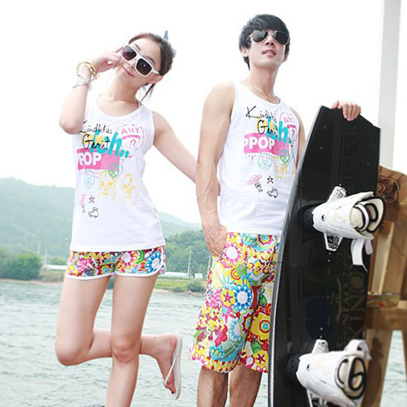 100% cotton lovers vest female white t-shirt male lovers beach pants shorts female