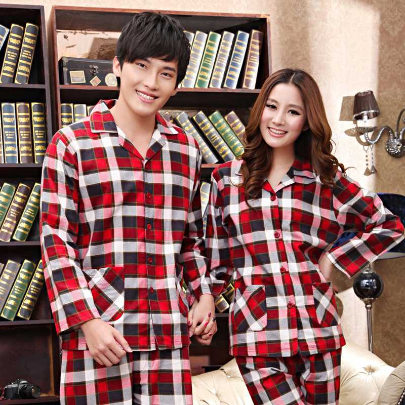 100% cotton sleepwear autumn and winter lovers lounge male women's long-sleeve thermal set