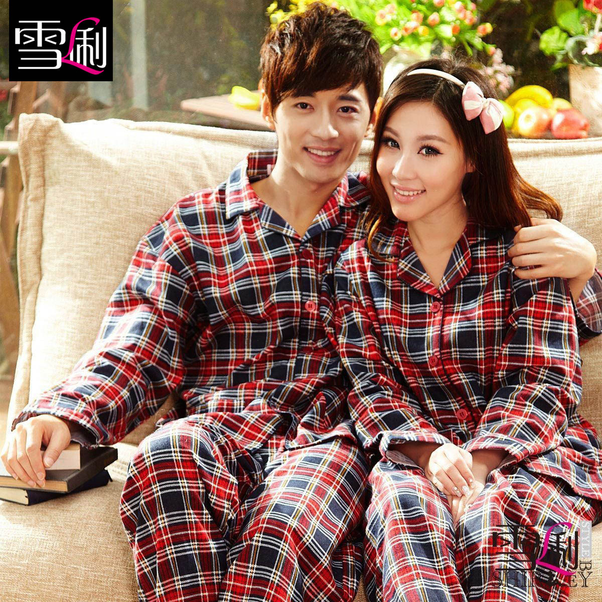 100% cotton sleepwear autumn and winter lovers sleepwear lounge male women's long-sleeve sleep set