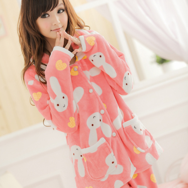 100% cotton sleepwear autumn and winter lovers sleepwear lounge women's long-sleeve coral fleece cartoon sleep set