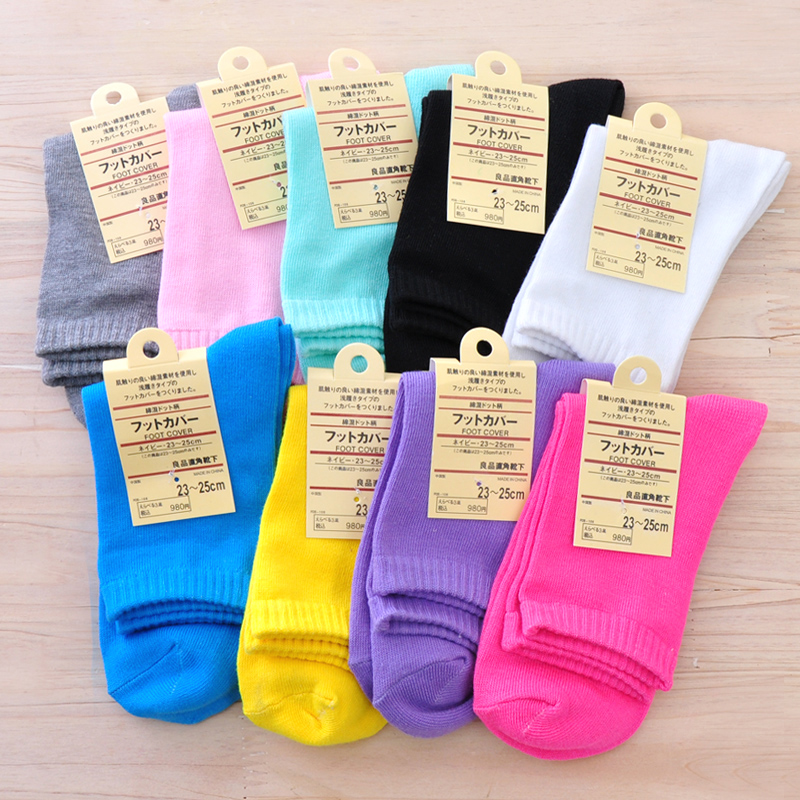 100% cotton solid color female socks women's autumn and winter knee-high socks candy color 100% cotton all-match socks