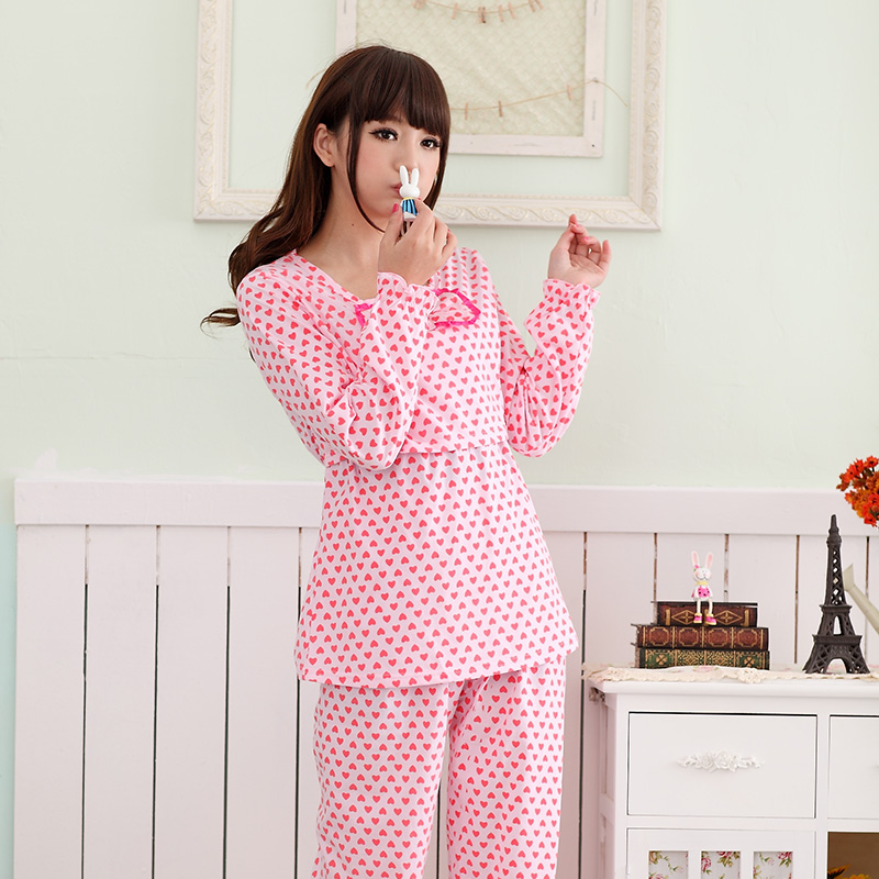 100% cotton women's long-sleeve sleepwear dot sweet maternity nursing lounge set Free delivery