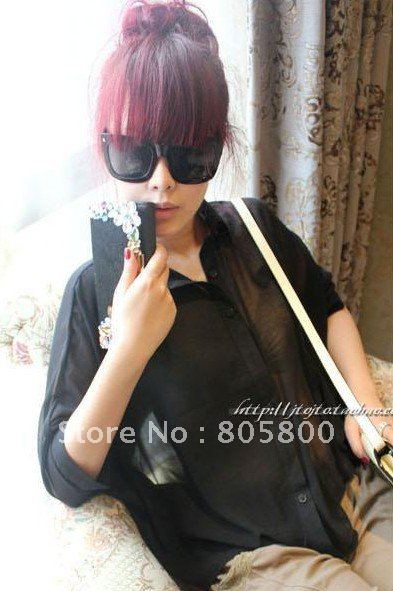 100% Free Shipping Translucent bat sleeve shirt Chiffon Blouse