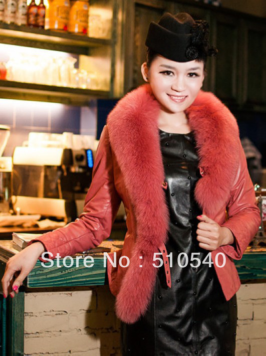 100% lamb leather ladies outwear with real fox fur collar for spring 2013  women's jacket missy size solid color