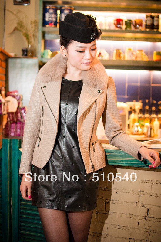 100% lamb leather ladies short top jacket with real fox fur collar for spring 2013  diamond jacket missy size solid color