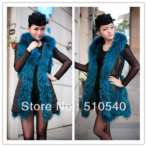 100% lamb skin bonded with racoon fur ladies long vest  for winter 2012 two-sided women's vest double face fashion long vest