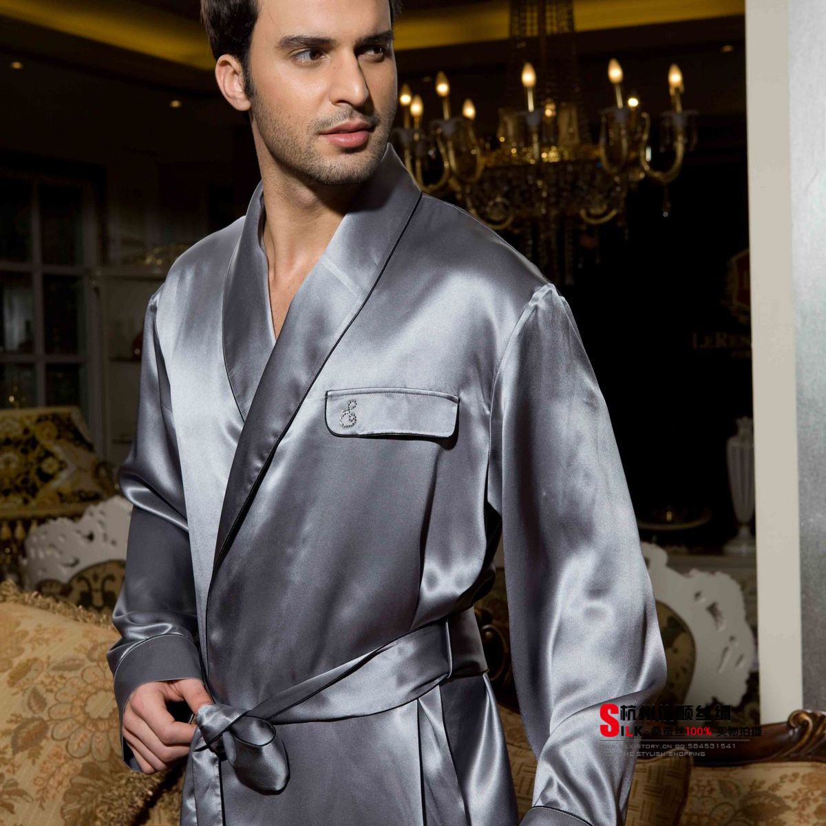 100% mulberry silk dress sleepwear  male lounge robe casual solid color grey bathrobe