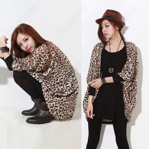 100% New Korea Fashion Women Leopard Blouse Long Coat Outwear Full Sleeves Dress  Free Shipping 31481