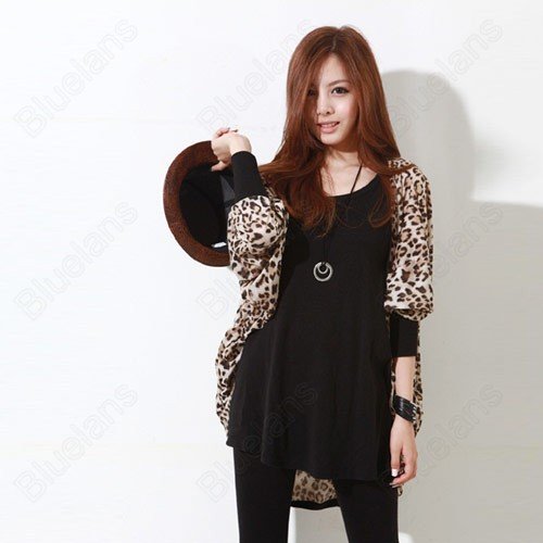 100% New Korea Fashion Women Leopard Blouse Long Coat Outwear Full Sleeves Dress  Wholesale 5pcs/lot  31481