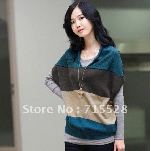 100% New Women Korean Fashion Colorful Stripes V-neck Sweater Batwing Knitwear Middle Sleeve + Free Shipping