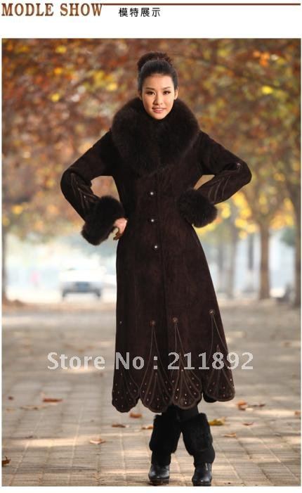 100% satisfied,retain acceptable,women's leather clothing with large fur collar,sheep leather coat ,dark brown and black color