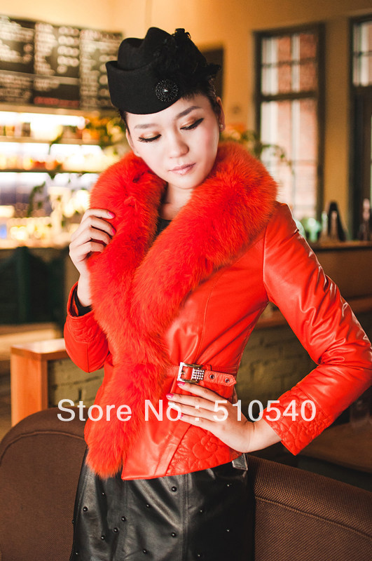 100% sheep skin ladies short jacket with real fox fur collar for spring 2013  women's jacket missy size solid color