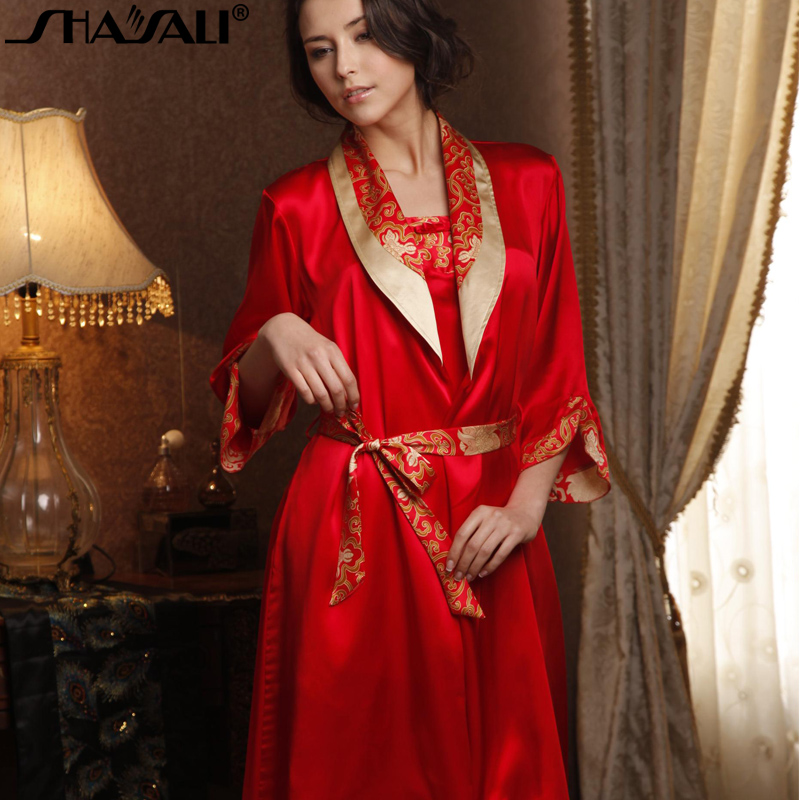 100% silk Lounge robe sleepwear spaghetti strap nightgown mulberry silk heavy silk robe female twinset