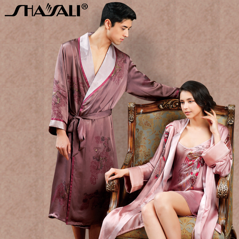 100% silk Mulberry silk male female lounge lovers silk robe set