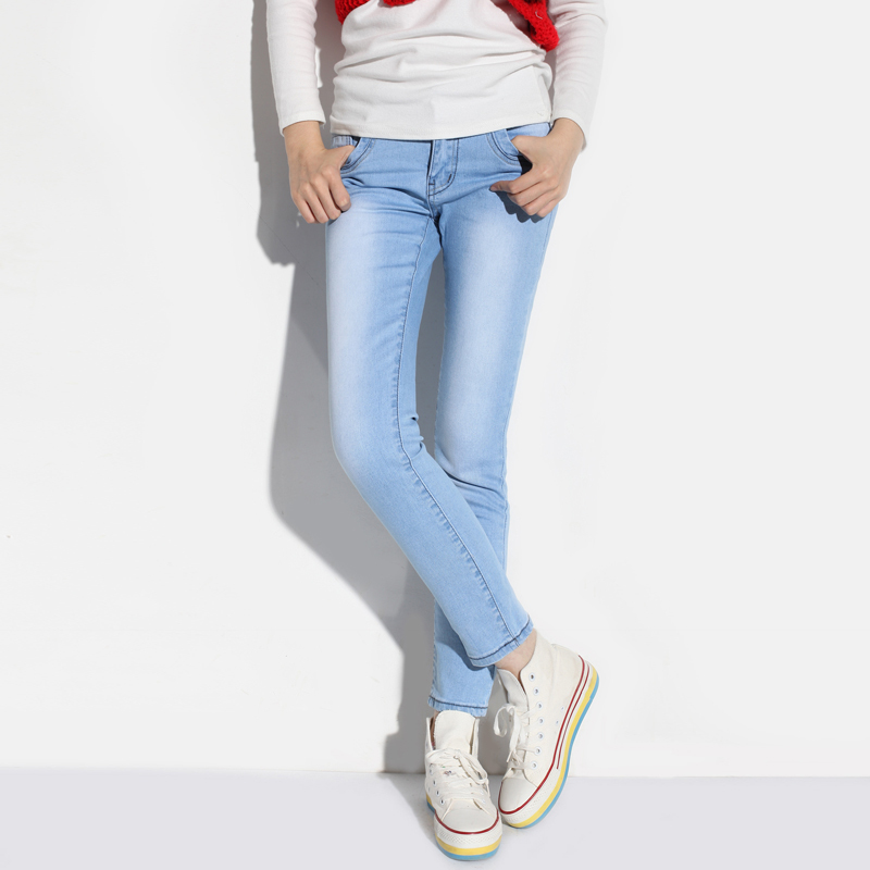 100% spring light color fresh slim 100% cotton denim women's pencil ankle length trousers female