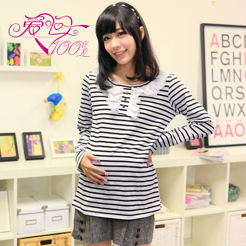 100% y36 love spring and autumn maternity clothing stripe t-shirt laciness clashers neckline maternity basic shirt