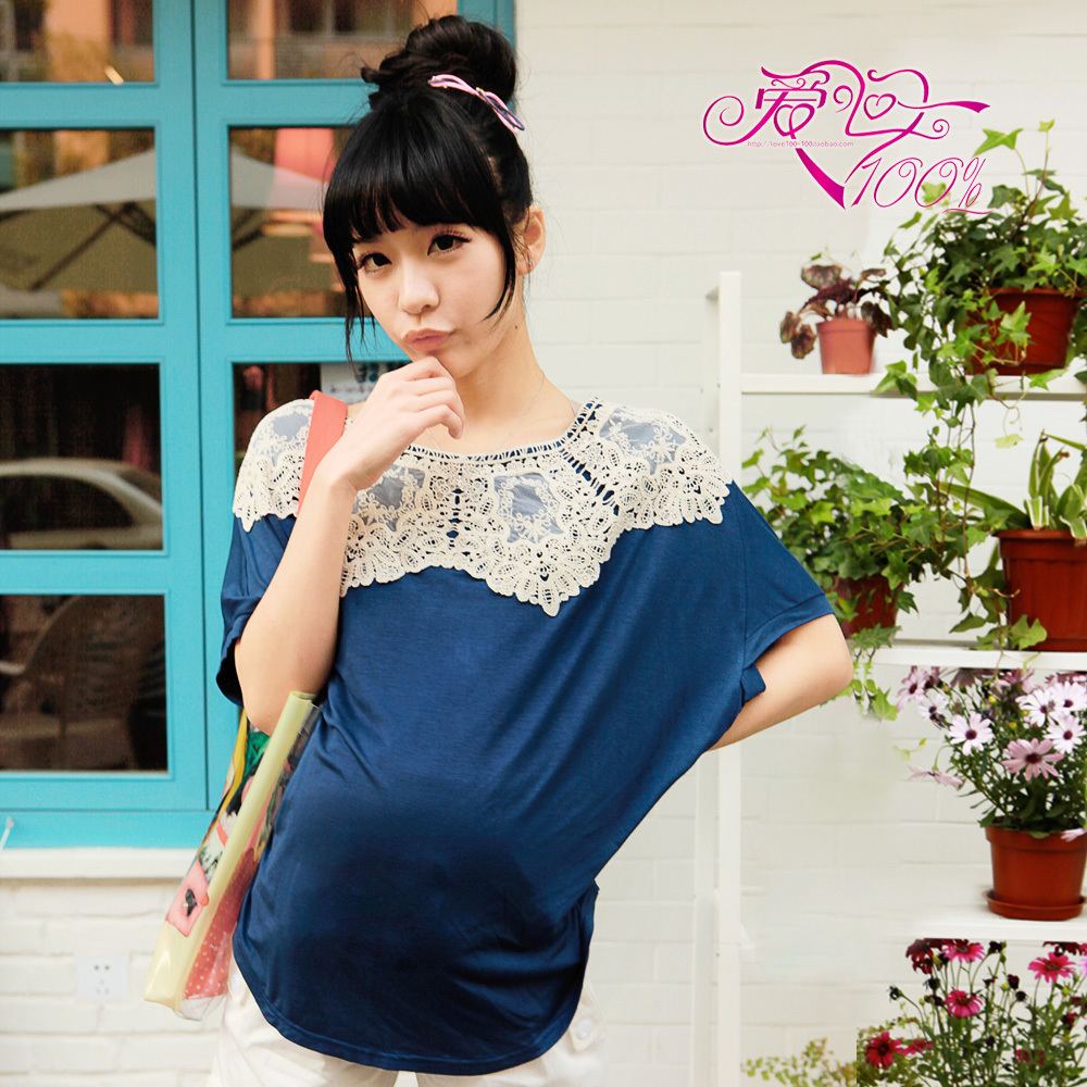 100% y8030 love maternity clothing spring fashion maternity t-shirt crochet neckline maternity top