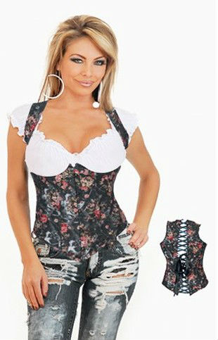 1005-- sexy lingerie denim floral pattern underbust waist training corset black bustier