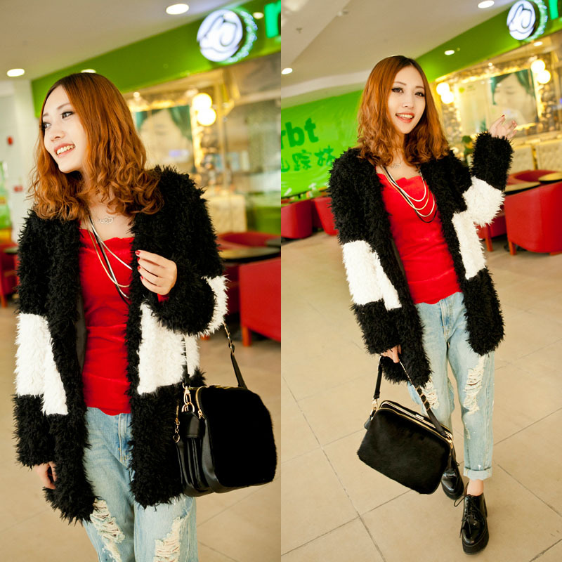 1009 women's color block fashion casual berber fleece outerwear long design