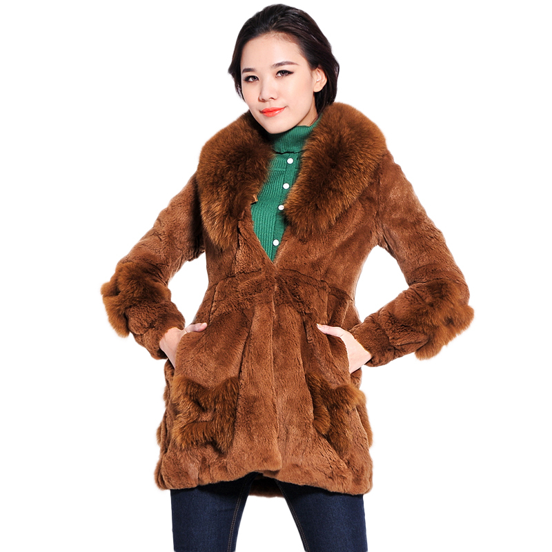 100f1 elegant fur collar rabbit fur long design fur overcoat f2500