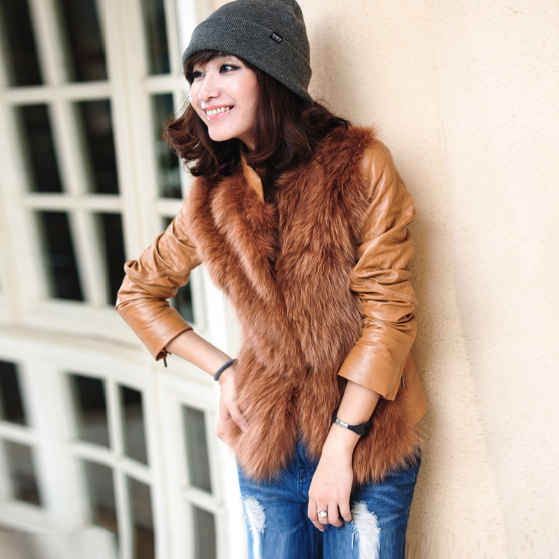 100f1 plaid elegant sheepskin fox fur patchwork leather clothing g2206